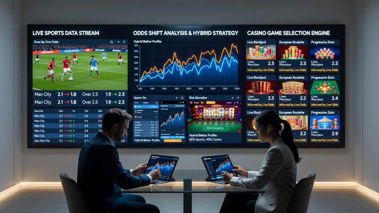 Hybrid bettor reviewing casino game options after monitoring live sports odds